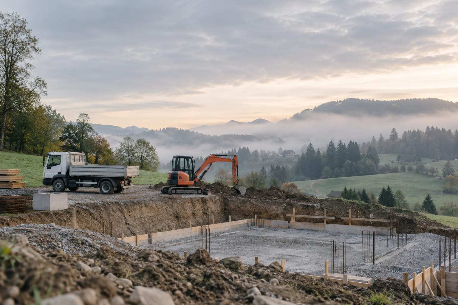 Baustelle im Zürcher Oberland im Morgennebel: Kipper und Minibagger neben einer frisch ausgehobenen Baugrube